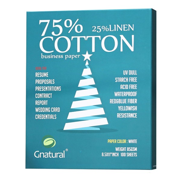 75% Cotton 25% Linen Paper, 85gsm Inkjet Printing Paper, 8.5"x11" White Color Resume Paper,100 Sheets Won't Get Wet Cotton Paper
