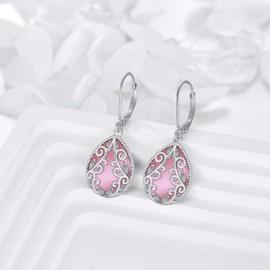 Moonstone/Pink Opal/Black Onyx/Larimar Earrings Sterling Silver Filigree Peridot Earrings Natural Stone Teardrop Dangle Earrings Jewelry for Ladies (Pink Opal Earrings)