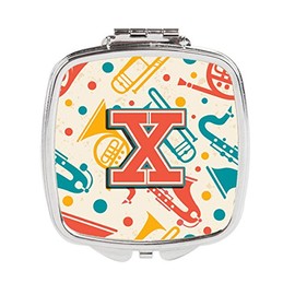 Caroline's Treasures Letter X Retro Teal Orange Musical Instruments Initial Compact Travel Mirrors, Multicolor