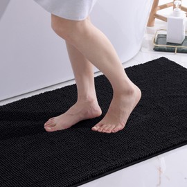 OLANLY Chenille Bath Mat, Non-Slip Bathroom Rug, Soft Bath Mat, Absorbent Bath Mat, Washable Large Shower Mat for Bathroom, 60 x 120 cm, Black