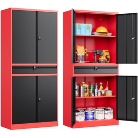 Metal Storage Cabinet with Drawer,Garage Storage Cabinet with Lock,Black Red Metal Cabinet with Doors and Shelves,Locking Steel Cabinet,71" Lockable Storage Cabinet for Garage,Home,Office,Shop