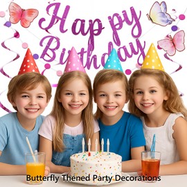 20PCS Purple Butterfly Birthday Decorations Kit for Girls Women, Glitter Purple Happy Birthday Banner, Hanging Butterfly Swirls, Circle Dots Garland for Spring Summer Party Backdrop Decor