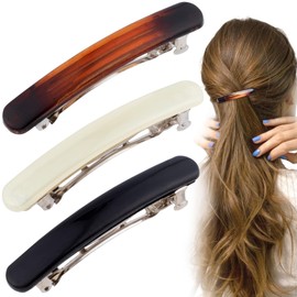 STSTR 3PCS French Barrette Hair Clips for Women, 2.48 Inch Small Tortoise Shell Hair Clip, Curved Glossy Thin Hair Flat Hair Accessories for Women (Black, White, Amber) - Oval