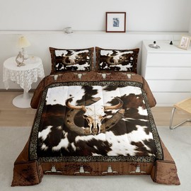 Cowhide Print Comforter Set King Size,Bull Skull Horseshoes Western Animals Bedding Set All Season Quilt Set,Rustic Wooden Plaid Southwest Cowboy Microfiber Polyester Down Comforter