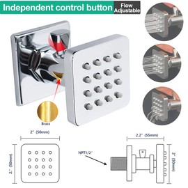 Solid Brass Shower Body Jets with Adjustable Flow Polished Chrome Round Shower Jets, Angle Adjustable, Flow Control