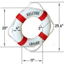 MorroMorn Lifebuoy Wall Hanging Decor - Welcome Aboard Mediterranean Style Home Decoration (Red, 20")
