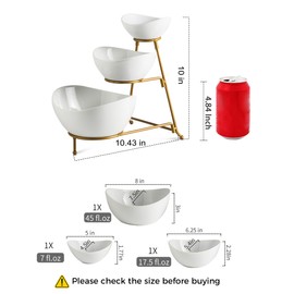 YHOSSEUN 3 Tier Serving Stand Oval Serving Bowl with Metal Rack, Tied Serving Bowls Food Display Dessert Appetizer, Chip and Dip Serving Bowl Set for Parties, Gold-45oz / 17.5oz / 7oz