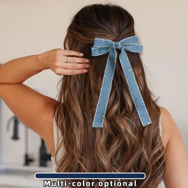 Blue Denim Hair Bow Clips Girls Denim Bowknot Pin Girls Blue Jeans Hair Bow Clips BW27 (2 Pcs-Set B)