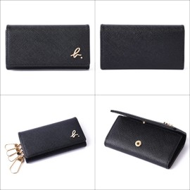 Agnes b. VOYAGE Genuine Product Key Case 4 Key Case Key Ring Cowhide Leather Logo EW13B-06 with Shop Bag (No Name Engraving, Black x Black)