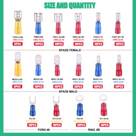 Twidec/Spade Crimp Connectors 2.8mm/4.8mm/6.3mm Male and Female Spade Connector Kit Includes Fork Ring Insulated Wire Connector 15 Types Crimp Terminals Electrical Connectors