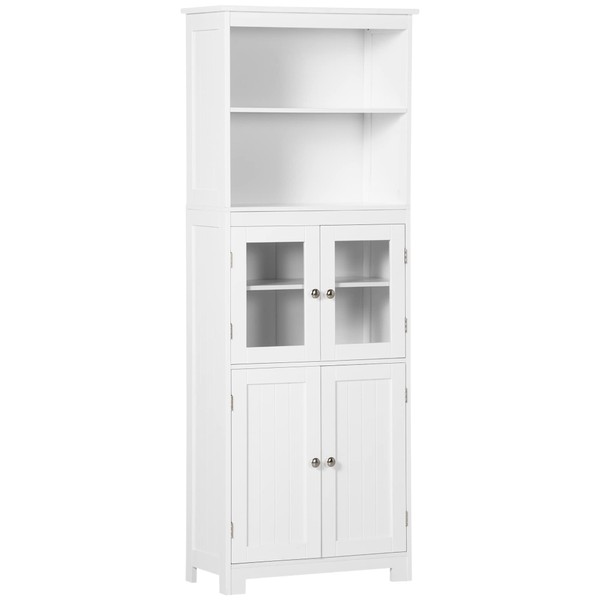 HOMCOM Kitchen Sideboard Kitchen Cabinet 4 Doors of which 2 Glass Doors Height 162 cm with Adjustable Shelves – MDF – White