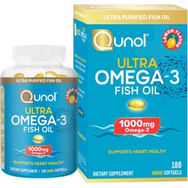 Qunol Fish Oil Omega 3 Mini Softgels, 1000mg Omega 3 EPA + DHA, Ultra Pure Supplements, Heart Health Support, Lemon Flavor, Easy to Swallow Minis, 3 Month Supply, 180 Count
