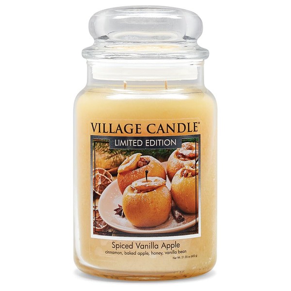 Village Candle Spiced Vanilla Apple, Large Glass Apothecary Jar Scented Candle, 21.25 oz, Ivory