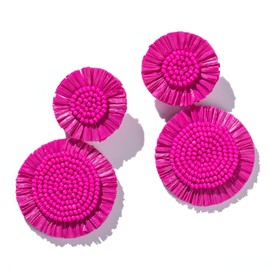 Boho Raffia Stainless Steel Dangle Earrings Beaded - Handm ade Tropical Flower Earrings for Summer Beach Vacation (HOT PINK)