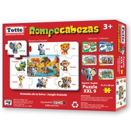 Totte Rompecabezas Animalitos 9 Piezas XXL | Piezas Grandes, Gruesas y Durables | Diseñado para Uso Infantil | Español e Inglés (Animales DE LA Selva)