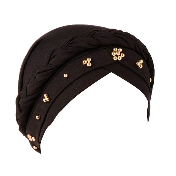 Fxhixiy Twisted Beading Braid Chemo Cancer Turbans Cap Hair Cover Wrap Turban Hats Headwear for Women, black