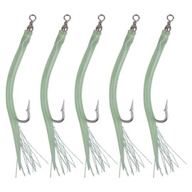 Eel Tube Long shank Hooks 5pcs Sand Eel Lure Offset Hook Striped Bass Fishing Lure with Rubber Tube Swivel Flash Teaser Luminous Bait Rigs Fishing Accessories (7/0-5pcs, Luminous Green)
