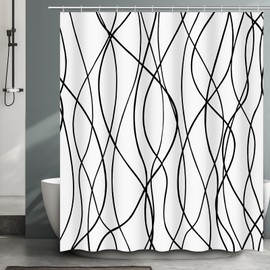 BSHAPPLUS Black Striped Wavy Line Shower Curtain, Abstract Modern Minimalist Waterproof Polyester Fabric Shower Curtain Set with Hooks, Bathroom Decorative Set for Hotel Dormitory Spa 71" x 71"