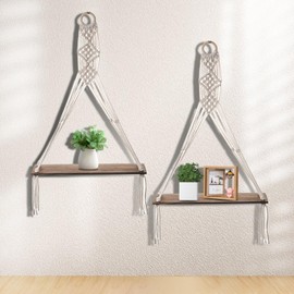TOATELU Pack of 2 Wall Shelves, Wooden Macrame Shelf, Handwoven Floating Shelf, Boho Macrame Wall Decoration, Wall Shelf, Wooden Hanging Shelf, Tassel, Hand-Woven Natural Driftwood Shelves for Living