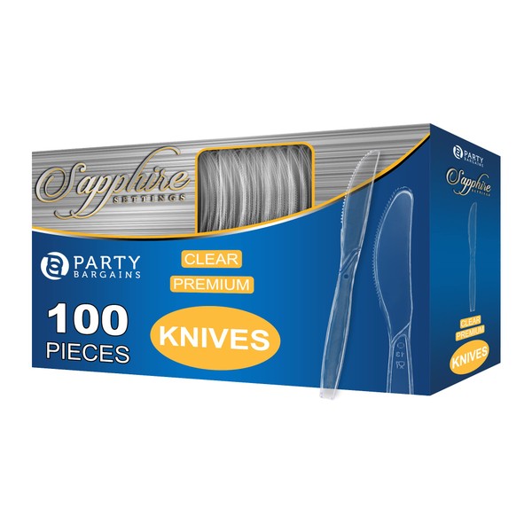 PARTY BARGAINS 100 Disposable Knives [Sapphire] - Clear Heavy Duty Knives Perfect for Weddings, Buffets, Luncheons