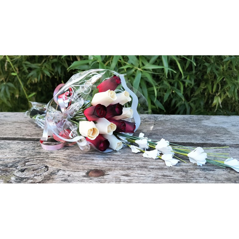 The Original Wooden Rose, Red with Black Tips and White