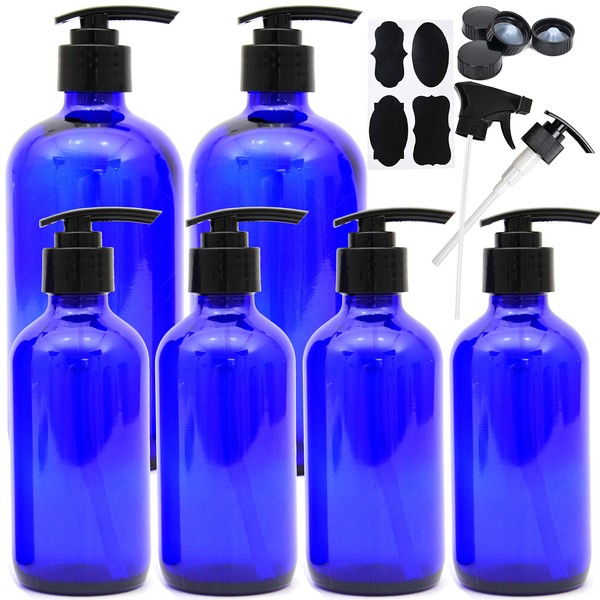 Youngever 6 Pack Empty Glass Pump Bottles, 2 Pack 16 Ounce and 4 Pack 8 Ounce Pump Bottles, Soap Dispenser, Refillable Containers (Blue)