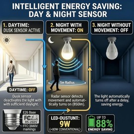 KarlunKoy Radar Motion Sensor Light Bulb, 9W 2700K Warm White, E26 Base, Instant Dusk-to-Dawn, Energy Saving, Indoor/Outdoor Auto On/Off, for Porch, Garage, Driveway, 2 Pack