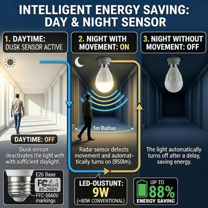 KarlunKoy Radar Motion Sensor Light Bulb, 9W 2700K Warm White,