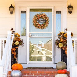Sggvecsy Artificial Fall Wreath 22’’ Autumn Front Door Wreath Harvest Wreath with Fall Flowers Foam Leaves Small Pumpkins for Outside Indoor Wall Window Festival Thanksgiving Fall Autumn Decor