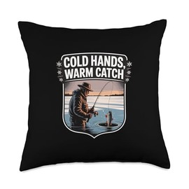 Cold Hands Warm Catch Ice Fishing Design Throw Pillow