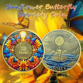 IELCJJ 33 Year Sobriety Coin, Delicate Sunflower Sobriety Chip Colorful Butterfly AA Coin and Medallions One Day at A Time Sober Token Narcotics Alcoholics Anonymous Recovery Gifts for Men Women