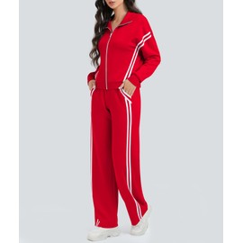 Casly Lamiit Women's Athletic Clothing Sets 2 Piece Outfits Dressy 2-Stripes Mock Neck Sweatshirt Wide Leg Pants Sweatsuit Going Out Lounge Sets Airport Outfits Red S