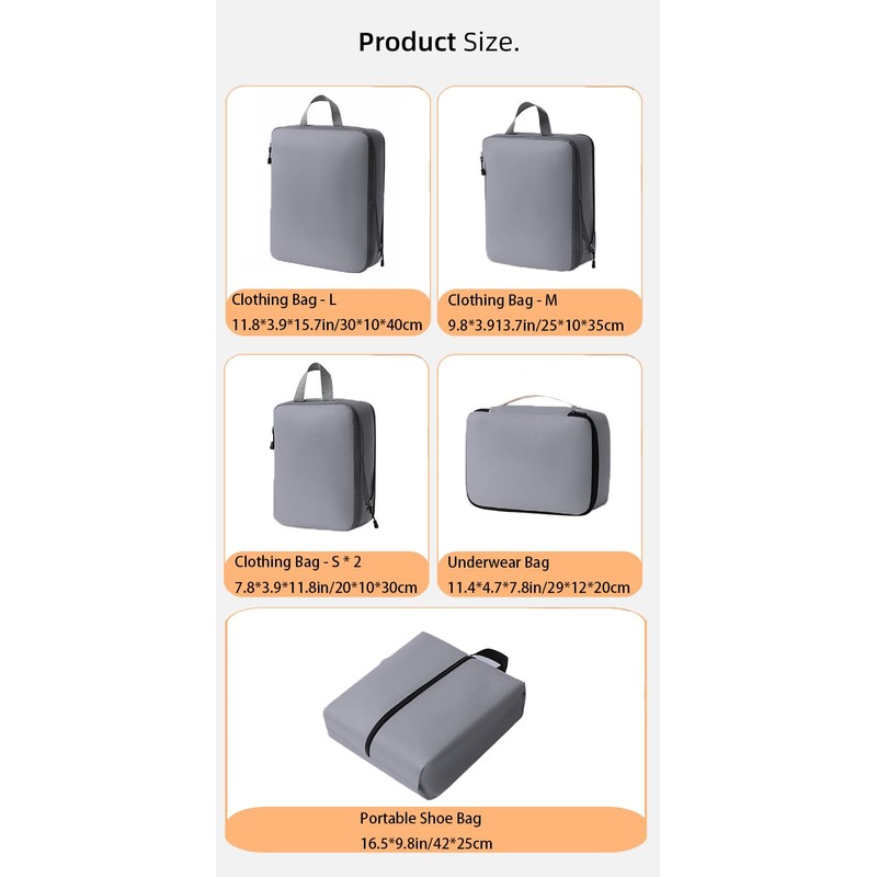 6-Pcs Compression Packing Cubes, light travel luggage organizer packaging bag,