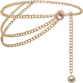 Suyi Gold Chain Belts for Women Waist Chain Belt Multilayer Body Belly Chain 90CM Crystal Gold