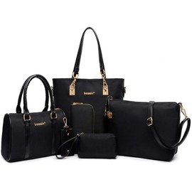 FiveloveTwo Women's Nylon 6 Piece Shoulder Bag Set Shopper Shoulder Bag Tote Bags Handbag Clutches Purses Key Holder Shoulder Bag - Black - 1