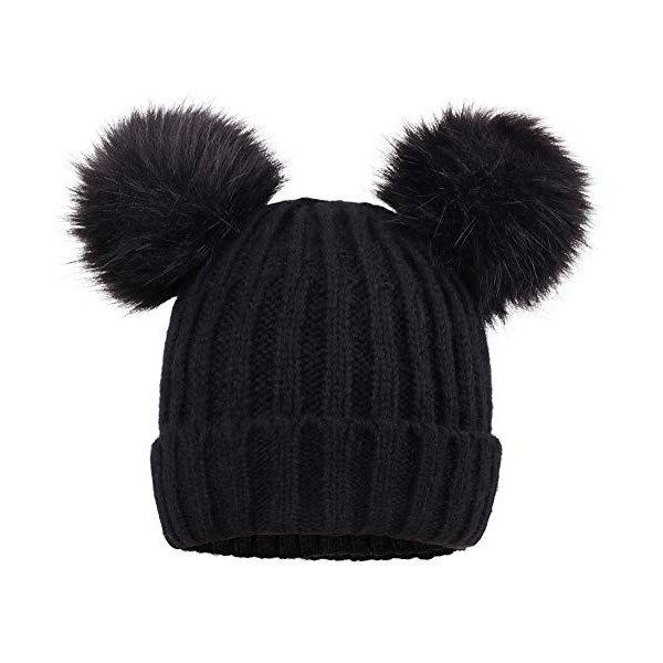 YoungLove Winter Faux Fur Pompom Mickey Ears Knitted Beanie Hat,Black