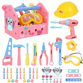 Gifts2U Girl Toy Tool Set Pretend Play Construction Tool Accessories Tool Toys with Hat Tool Box Tape Measure Toy Electric Drill Hammer