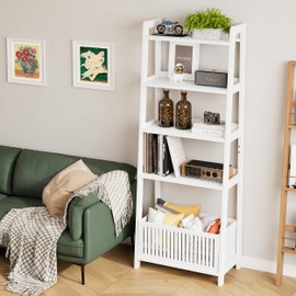 Bamjoy Bamboo White Bookshelf with Slatted Basket, Ladder Bookcase with 4 Display Shelves and 1 Open Storage Basket, Multifunctional Storage Rack Organizer for Home Office, Bedroom, Living Room, 66” H