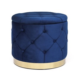 Joveco Round Storage Ottoman, Velvet Button Tufted Upholstered Bench with Removable Top, Coffee Table Footrest Stool with Golden Metal Band for Living Room Bedroom Entryway (Blue)