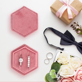 boya Velvet Ring Box Hexagon- Gorgeous Vintage Double Ring Display Holder with Detachable Lid for Proposal, Engagement, Wedding, Ceremony