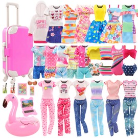 Barwa 32 Pcs Doll Travel Playset 1 Luggage 1 Backpack 5 Doll Clothes 8 Travel Accessories 12 Toiletries 2 Banknotes 1 Sunglasses for 11.5 Inch Girl Doll(Doll NOT Include)