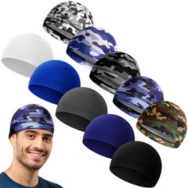 10 Pcs Men Cooling Skull Caps Helmet Liner Sweat Cap Wicking Beanie Welding Caps Do Rags Head Wrap for Women Teens (Camouflage and Solid Color Style)