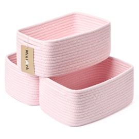 MiniArk Shelf Storage Baskets for Organizing | Closet Organizer Bins | Small Baskets | Toy Basket | Cute Decorative Basket | Cube Storage Bin | Woven Rope Basket | 13×8.5×5.1” | 3 Packs Light Pink