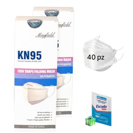 2pack Cubrebocas KN95 plegable tipo pez (40 pzs) con Ajustador Nasal Oculto, Ligero y transpirable (Blanco) *Toallita Antibacterial de cortesía*