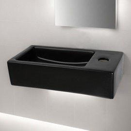 MEKKHALA Floating Vessel Sink Wall Mount 15x7 inch Black Small Bathroom Sinks Rectangular Ceramic Basin Porcelain Bowl Sinks for Narrow Bathrooms Space Saving Design (Right Hand)