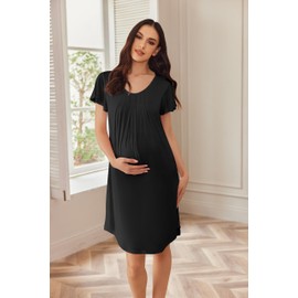 Ekouaer Nursing Nightown Labor and Delivery Gown for Hospital Pleated Breastfeeding Dress for Women Short Sleeve Maternity Sleepwear Black L