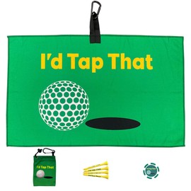 Giggle Golf I'd Tap That Green Waffle Weave Golf Towel, Microfiber Tee Bag with 4 Tees & Double Sided Poker Chip