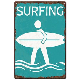 SUPERDANT Surfing Metal Signs Beach Logo Tin Sign Surfer Crossing Vintage Tin Signs Surfboard Vintage Wall Art Retro Decor for Living Room Sea Lake Bedroom Beach House Retro Metal Decor 30x20cm