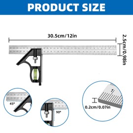 Combination Square Stainless Steel Angle Square, 90 Degree Thickened Multi-Functional Right Angle Squares with Horizontal Bubble Meter and Marking Tool Special Measuring Ruler for Woodworking Marking