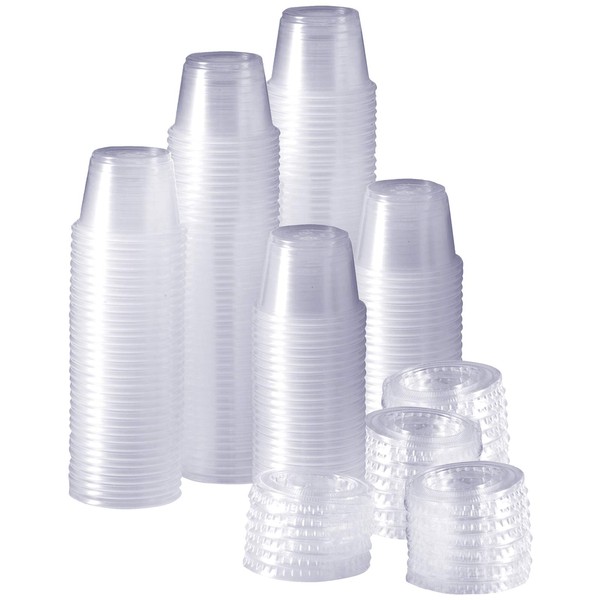 [200 Sets - 1 oz.] Plastic Disposable Portion Cups with Lids, Souffle Cups